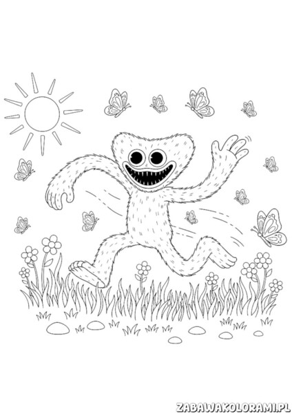 Huggy Wuggy kolorowanka z Poppy Playtime z radością tańczącą postacią i uśmiechniętym wyrazem twarzy