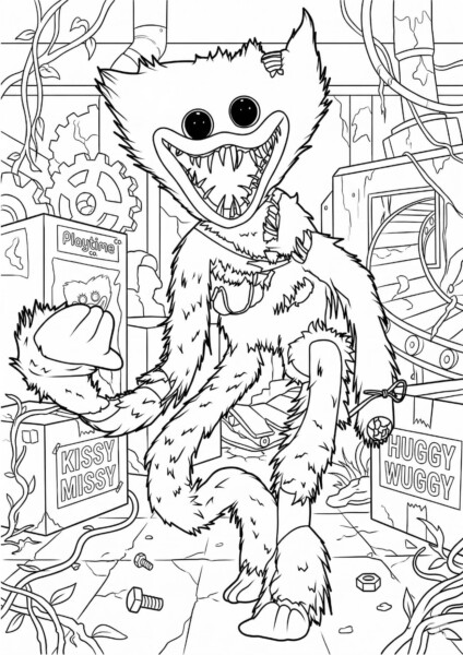 Huggy Wuggy coloring pagei z Kissy Missy w zabawnej scenerii z elementami zabawkowymi