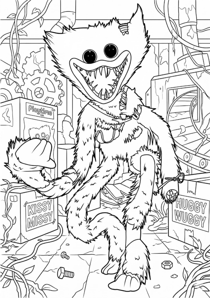 Huggy Wuggy coloring pagei z Kissy Missy w zabawnej scenerii z elementami zabawkowymi