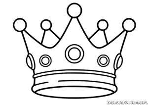 Kolorowanka Korona przedstawia tradycyjną koronę z kamieniami i ozdobami, idealna do kolorowania przez dzieci.