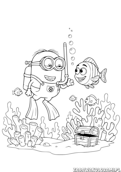 Kolorowanka Minionek wodna przygoda z rybką, gdzie Minionek nurkuje w skafandrze z maską i płetwami.