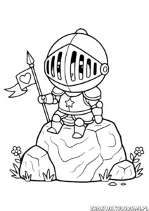 Kolorowanka Rycerz do druku – rycerz w zbroi z flagą stoi na skale wśród trawy