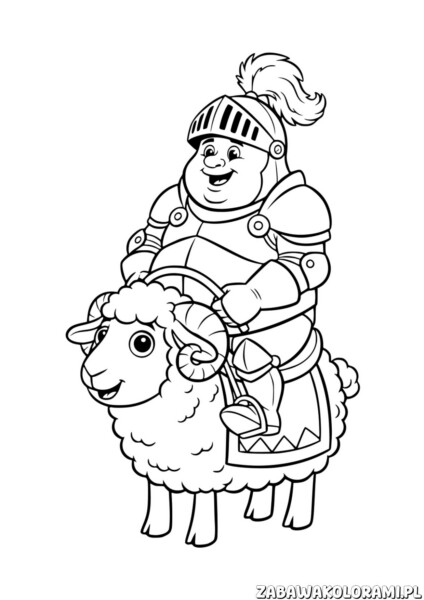 Kolorowanka Rycerz na owcy - rycerz w zbroi trzymający śmiesznie wyglądającą owcę