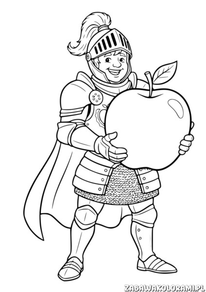 Kolorowanka Rycerz z jabłkiem - rycerz w zbroi trzyma duże jabłko z uśmiechem na twarzy