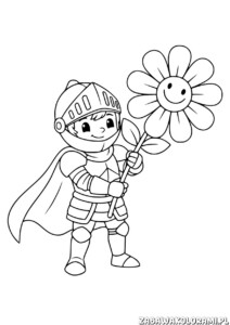 Kolorowanka Rycerz z kwiatkiem – rysunek z rycerzem w zbroi trzymającym uśmiechnięty słonecznik