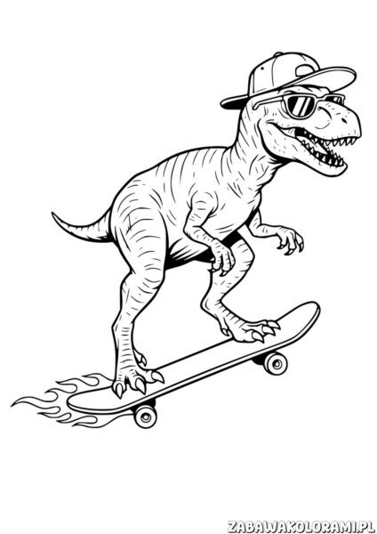Kolorowanka dinozaur skateboardem z płomieniami pod deskorolką i dinozaurem w kasku i okularach