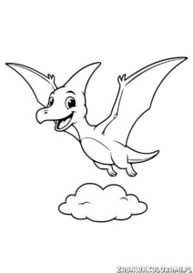 Kolorowanka dinozaur do druku z pterozaurem latającym w niebie obok chmurki