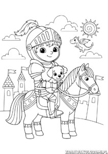 Kolorowanka rycerz z koniem i smokiem przed zamkiem w fantastycznym świecie