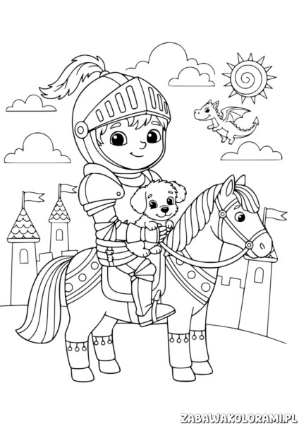 Kolorowanka rycerz z koniem i smokiem przed zamkiem w fantastycznym świecie