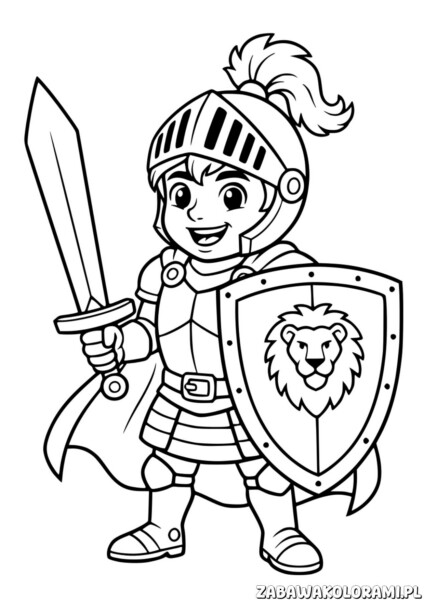 Kolorowanka rycerz do druku przedstawia uśmiechniętego rycerza z mieczem i tarczą z emblematem lwa