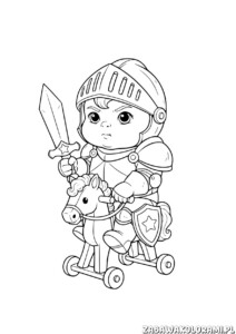 Kolorowanka rycerz na bujanym koniu z dzieckiem w zabawnej zbroi i tarczą z gwiazdką.