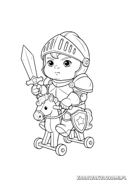 Kolorowanka rycerz na bujanym koniu z dzieckiem w zabawnej zbroi i tarczą z gwiazdką.