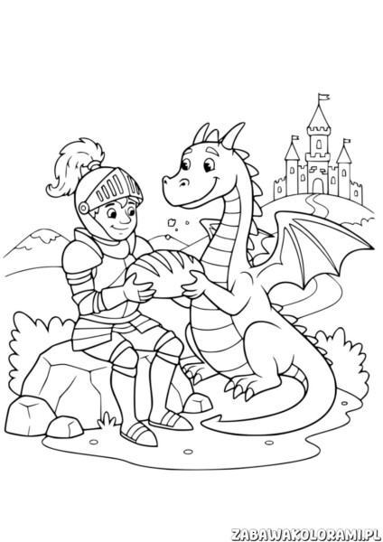 Kolorowanka rycerz z smokiem przedstawia rycerza z przyjacielskim smokiem oraz zamek w tle