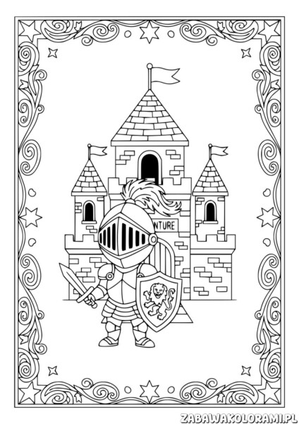 Kolorowanka rycerz z zamkiem: Rycerz w zbroi stoi przed zamkiem z flagami na wieżach.
