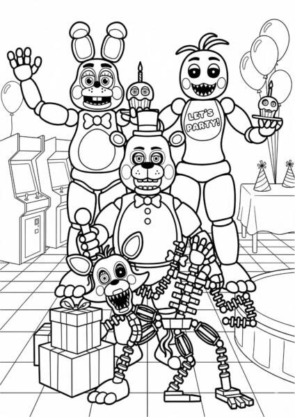 Kolorowanki do druku Five Nights at Freddy's z Foxy, Fredbear, Golden Freddy, Bonnie, Fritzem i robotami na tle przyjęcia