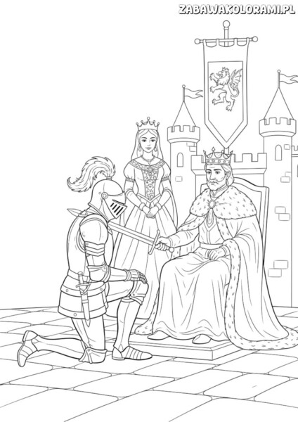 Kolorowanki rycerz króla i królową w tronie kolorowanka, rycerz ofiarowuje miecz królowi w sali tronowej