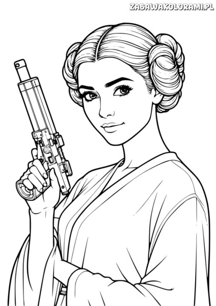 Księżniczka Gwiedne wojny kolorowanka z kobietą w sukni trzymającą pistolet