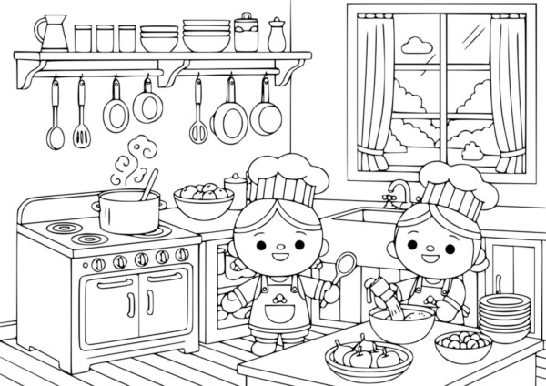 Kuchnia toca boca kolorowanka z dwiema postaciami w kuchni gotującymi i zabawiającymi się przygotowaniem posiłku