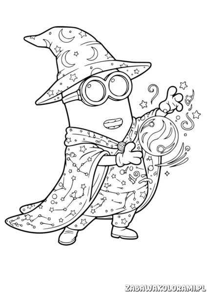 Magiczna Kolorowanka Minionek w czarodziejskim stroju z kulą mocy i symbolami magicznymi