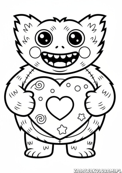 Malowanka Poppy Playtime z uśmiechniętą postacią o dużych oczach i dekoracjach na ciele