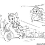 Malowanka psi patrol z Chase'em na motocyklu i Skye w helikopterze w mieście