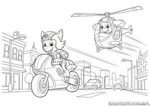 Malowanka psi patrol z Chase'em na motocyklu i Skye w helikopterze w mieście