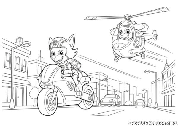 Malowanka psi patrol z Chase'em na motocyklu i Skye w helikopterze w mieście