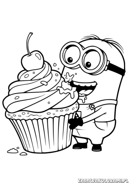 Minionek Kolorowanka z pysznym cupcakiem i wesołym wyrazem twarzy
