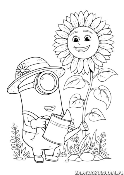Minionek Kolorowanka wiosna z ogrodnikiem i uśmiechniętym słonecznikiem w tle