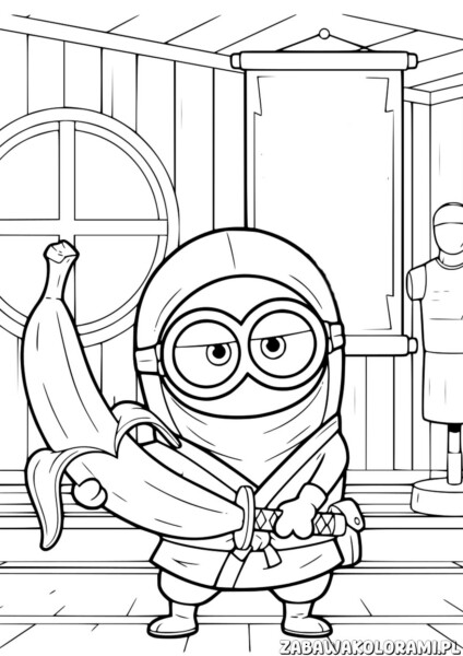 Minionek ninja Kolorowanka z bananem w ręku i charakterystycznym stroju ninja.