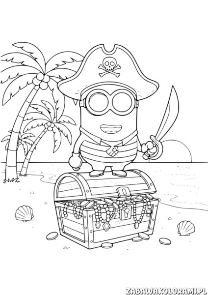 Minionek pirat Kolorowanka z pirackim skarbem na plaży