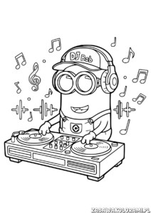 Minionki Kolorowanka dla dzieci z Minionem-DJ przy turntablach i nutach muzycznych