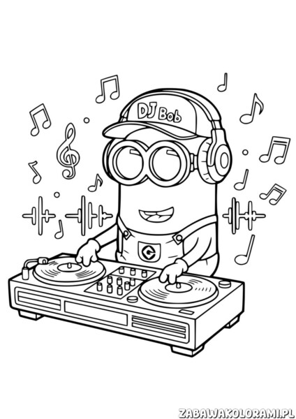 Minionki Kolorowanka dla dzieci z Minionem-DJ przy turntablach i nutach muzycznych