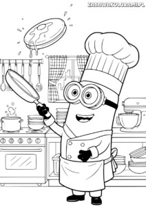 Minionki Kolorowanka do druku. Minion w stroju szefa kuchni z miskami, sztućcami i uśmiechem na twarzy.