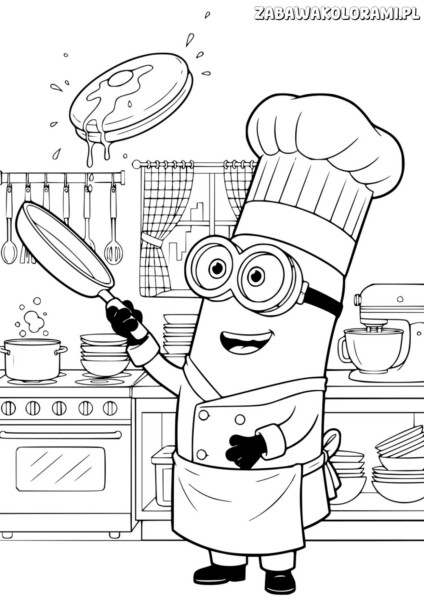 Minionki Kolorowanka do druku. Minion w stroju szefa kuchni z miskami, sztućcami i uśmiechem na twarzy.
