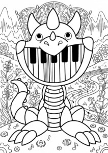 Pianosaurus Kolorowanka Poppy Playtime z radośnym stworkiem grającym na pianinie, otoczonym nutkami i instrumentami