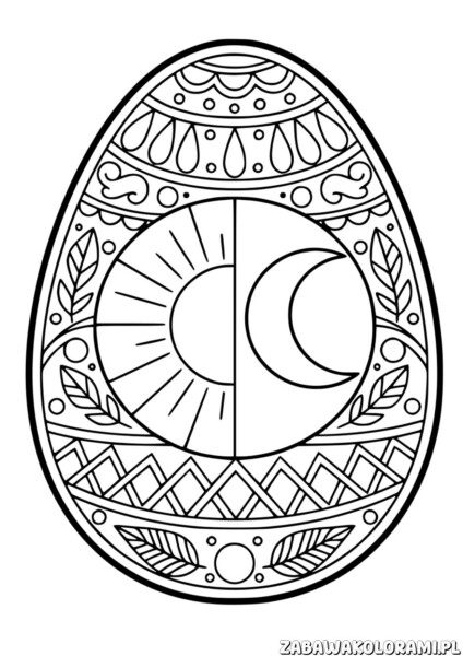 Pisanka kolorowanka do druku z ornamentami kwiatów, księżyców i geometrycznymi figurami