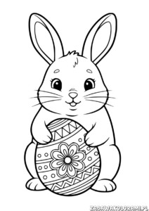 Pisanka wielkanocna kolorowanka do druku. Królik z wielkanocnym jajkiem z floralnymi wzorami
