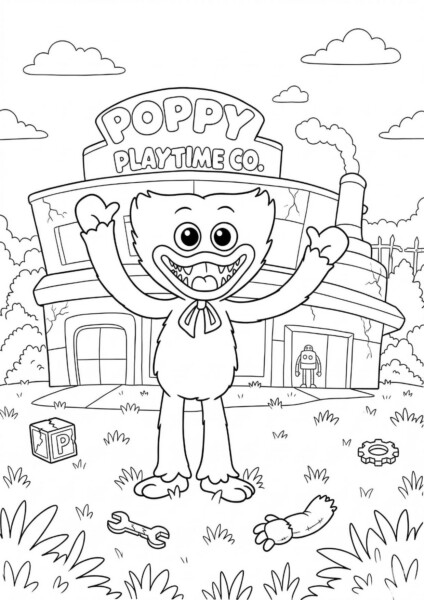 Poppy Playtime – kolorowanka z postacią w muszkaterii przed budynkiem Poppy Playtime Co., z zabawkami i zegarem