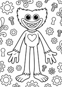 Poppy Playtime Kolorowanki do druku – kreskówkowa postać z uśmiechem i mechanicznym tłem z kołami zębatymi i kluczami
