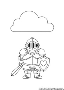 Prosta Kolorowanka Rycerz przedstawia rycerza w pełnym uzbrojeniu z sercem na tarczy i chmurką nad głową
