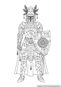 Rycerz Kolorowanka dla dorosłych. Wojownik w hełmie z ornamentami i tarczą ze wzorami słonecznymi.