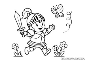 Rycerz Malowanka dla dzieci – kolorowanka z uśmiechniętym rycerzem w hełmie, z kwiatami i motylkiem w tle