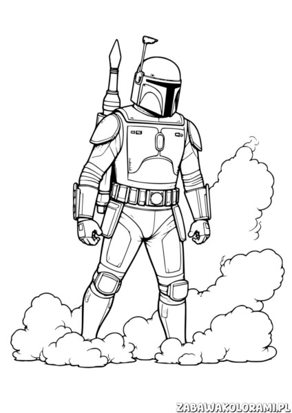 Star Wars Kolorowanki do druku z Bobą Fettem w zbroi, stojącego na dymnej powierzchni
