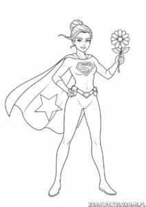 Super Kobieta Dzień Kobiet kolorowanka – superheroini Supergirl z kwiatkiem w ręku i emblematem na kostiumie