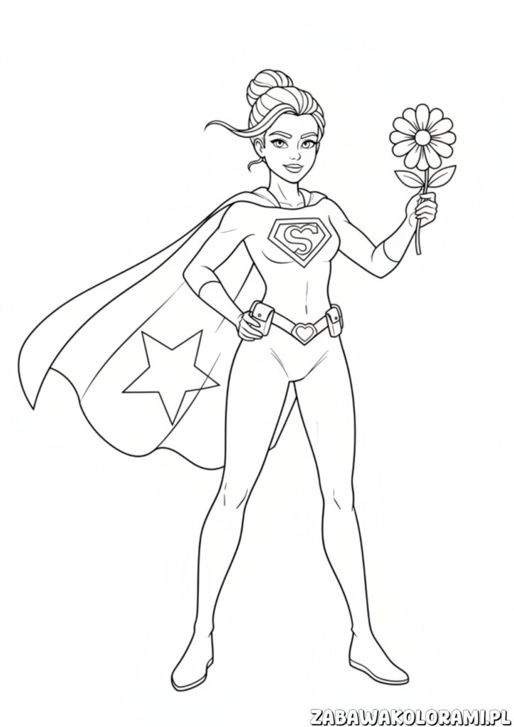Super Kobieta Dzień Kobiet kolorowanka – superheroini Supergirl z kwiatkiem w ręku i emblematem na kostiumie