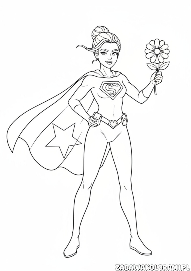 Super Kobieta Dzień Kobiet kolorowanka – superheroini Supergirl z kwiatkiem w ręku i emblematem na kostiumie