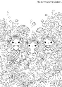 Syrenki kolorowanka do druku z trzema syrenkami w morskim otoczeniu, z rybami, rozetkami i pęcherzykami