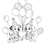 Urodzinowa kolorowanka psi patrol z dwoma psami w kapeluszach i balonami