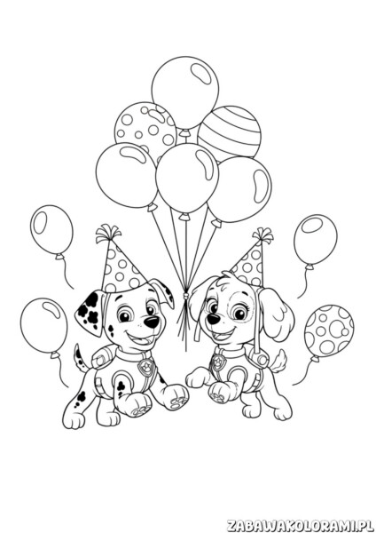 Urodzinowa kolorowanka psi patrol z dwoma psami w kapeluszach i balonami